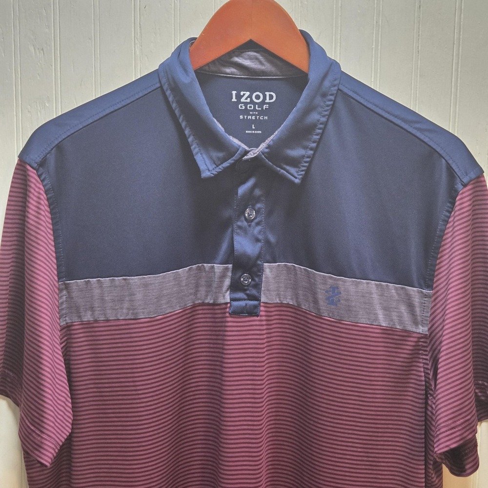 IZOD Golf Polo Shirt Mens L Navy Burgundy Stripe Short Sleeve Stretch Top